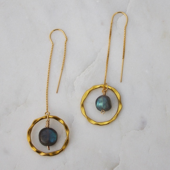 Gold fill threaders + Antique Gold Alloy Ring Labradorite Drop Earrings - Picture 2 of 2